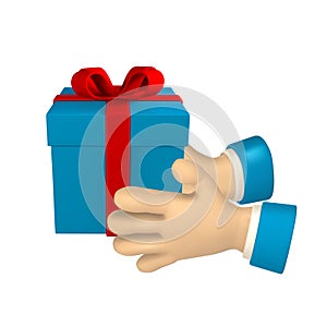 Cartoon character hand with gift box. 3d render hand of businessman in suit. Vector illustration