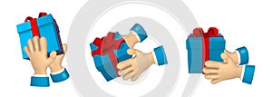 Cartoon character hand with gift box. 3d render hand of businessman in suit. Vector illustration