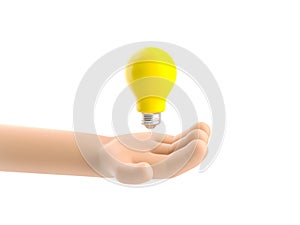 3d illustration. Cartoon character hand  holding a bulb.