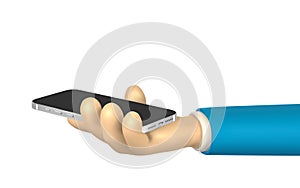 Cartoon character hands with smart phone, scrolling or searching for something. 3d render hand businessman in suit. Vector