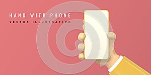 Cartoon character hands with smart phone, scrolling or searching for something. 3d render hand businessman in suit. Vector