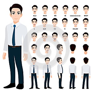 Cartoon character with handsame business man in smart shirt for animation. Front, side, back, 3-4 view character. Separate parts