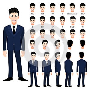 Cartoon character with handsome business man in suit for animation. Front, side, back, 3-4 view character. Separate parts of body