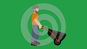 Cartoon character handyman comes with a wheelbarrow. Bearded farmer with a cart on a green background. Caucasian man 2D anima