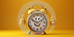 Cartoon character happy alarm clock points finger at time of waking up in morning on yellow isolated background with a