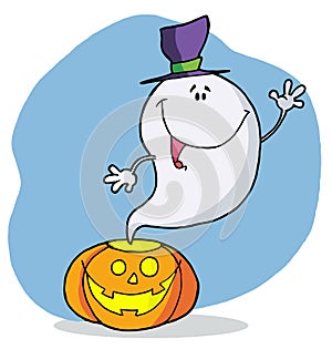 Cartoon character happy ghost pumpkin leaves