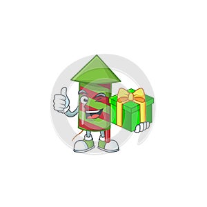 Cartoon character of happy green stripes fireworks rocket with gift box
