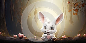 cartoon character happy little rabbit bunny hare with heart in paws in forest. Holiday festive Greeting Card