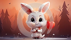 cartoon character happy little rabbit bunny hare with heart in paws in forest. Holiday festive Greeting Card