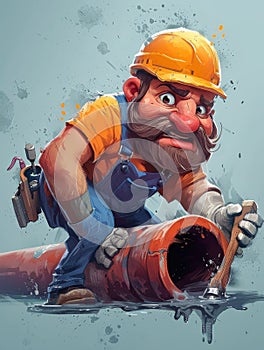 A cartoon character with a hard hat and orange vest is holding pipe, AI