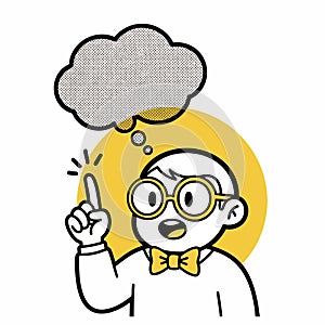 Cartoon character having idea with thought bubble