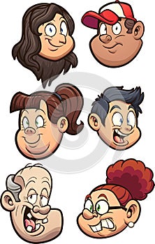 Cartoon character heads of different ages and expressions