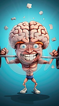 Cartoon Character Holding Barbell With Brain. Generative AI.