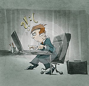 Cartoon character hopeless at the computer