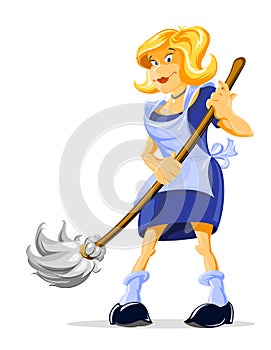 Cartoon character housemaid with broom