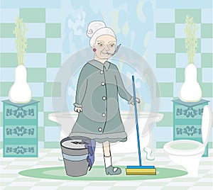 Cartoon character housemaid with mop