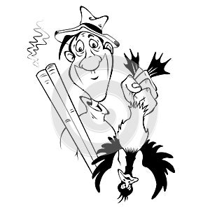 Cartoon character - a hunter with a gun and a duck in his hand. Black and white illustration. Isolated on white background.