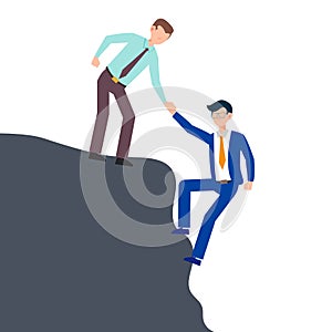 Cartoon character illustration of business friend helping each other. Business man giving hand to climb from problem. Flat design
