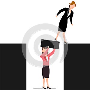 Cartoon character illustration of business friend helping each other. Business woman holding the bridge while another business