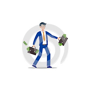 Cartoon character illustration of successful young business man with briefcase full of money. Flat design isolated on white