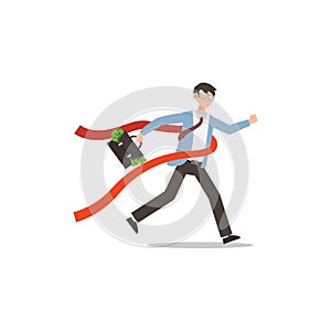 Cartoon character illustration of successful young business man running through the finish line and bringing briefcase with full