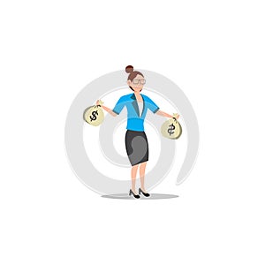Cartoon character illustration of successful young business woman with two bags full of money. Flat design isolated on white