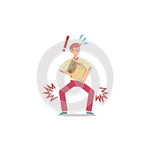 Cartoon character illustration of young man courier delivery felt heavy carrying the box. Flat design isolated on white background