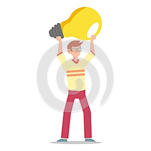 Cartoon character illustration of young man holding light bulb. Concept of search new ideas solutions, imagination, creative