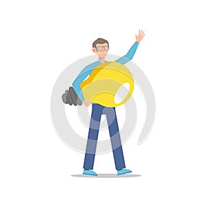 Cartoon character illustration of young man holding light bulb. Concept of search new ideas solutions, imagination, creative