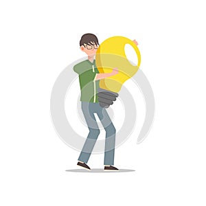 Cartoon character illustration of young man holding light bulb. Concept of search new ideas solutions, imagination, creative