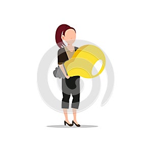 Cartoon character illustration of young woman holding light bulb. Concept of search new ideas solutions, imagination, creative