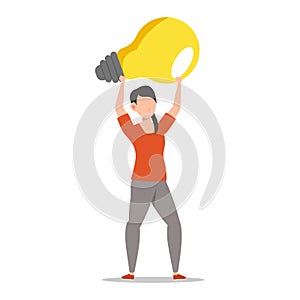 Cartoon character illustration of young woman holding light bulb. Concept of search new ideas solutions, imagination, creative