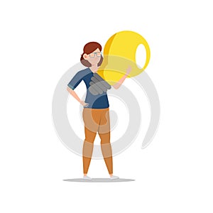 Cartoon character illustration of young woman holding light bulb. Concept of search new ideas solutions, imagination, creative