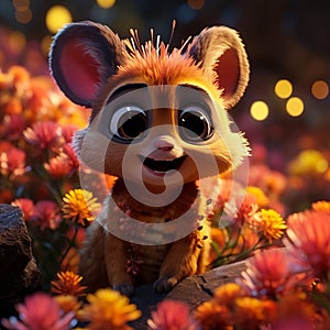 Cartoon Character Immersing in the Beauty of a Lively Blossoming Flower photo