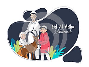 Cartoon character of Islamic family with goat on abstract blue background for Eid-Al-Adha Mubarak poster or flyer design.