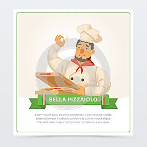 Cartoon character of italian pizzaiolo holding pizza in box