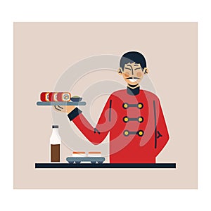 Cartoon character of Japanese man in uniform with sushi