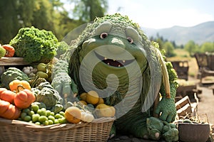 A cartoon character with a large head of vegetables in front of a house.