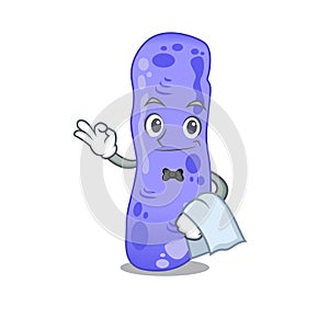 A cartoon character of legionella waiter working in the restaurant