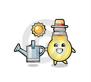 Cartoon character of light bulb holding watering can