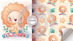 Cartoon character lion with star - seamless pattern