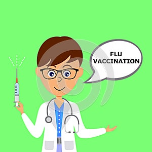 Cartoon character male doctor holding syringe and talking about flu vaccination.