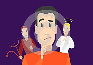 Cartoon Character Man with Angel and Devil on Shoulders. Vector