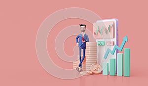Cartoon character man leaning on stack of gold coins. Cryptocurrency trading online on mobile phone screen. Online trading.