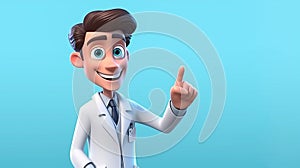 Cartoon character man physician doctor pointing with his finger up explaining. Light blue background. Medicine healthcare