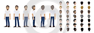 Cartoon character with a man in T-shirt white casual for animation. Front, side, back, 3-4 view character vector