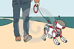 Cartoon character of man walking with robot-dog on sandy beach