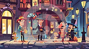 Cartoon character modern illustration of city streets, policemen, robber with stolen gold ring, discouraged puppeteer on photo