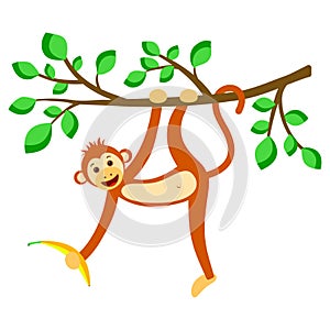 Cartoon character. A monkey with a banana hangs on a branch .