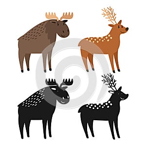 Cartoon character moose and deer and animal silhouettes vector illustration